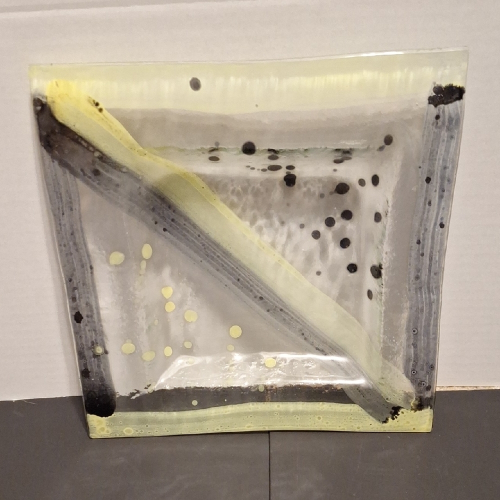 Abstract Glass Art Piece with Black and Yellow Accents
